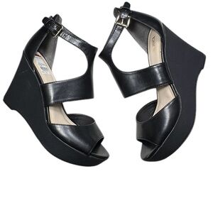 Bar III Sophie Black Faux Leather Open Toe Wedge Platform Sandal Size 9
